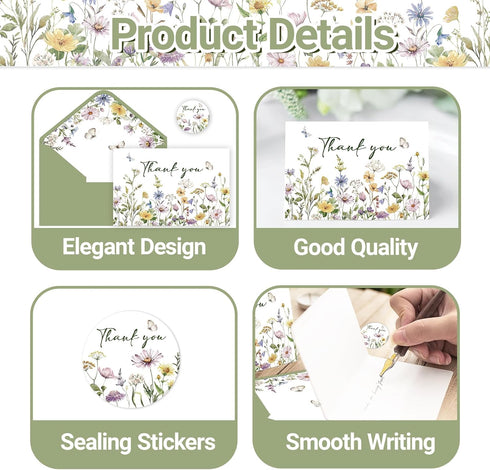 SMUAENSS 24 Pack Floral Thank You Cards With Envelopes,Watercolor Wildflower Thank You Cards for Baby