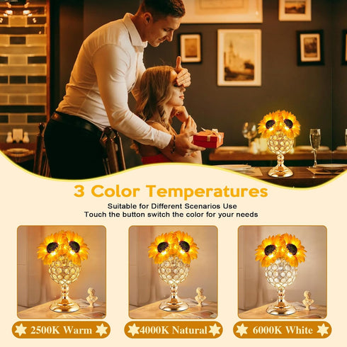 3-Color Dimming,10+ Charge,IP44 Sunflower Table Lamps for Women-Sunflower Flower Touch Lamp with Infinitely Hours