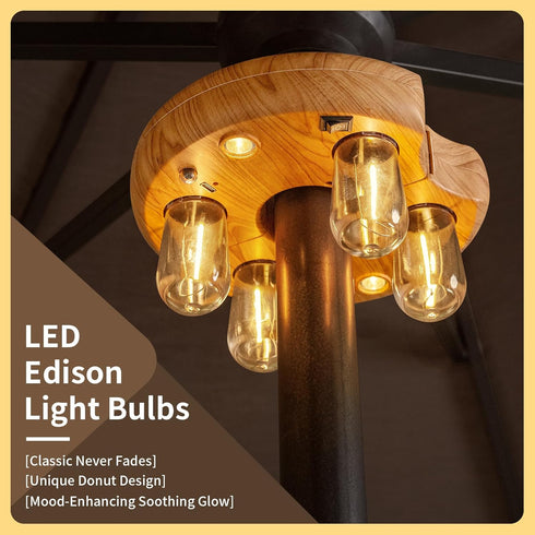 Bulbs 10 (1 Pack) Wood Grain Patio Umbrella Light with Remote Control, Rechargeable Cordless LED Edison Pole Light