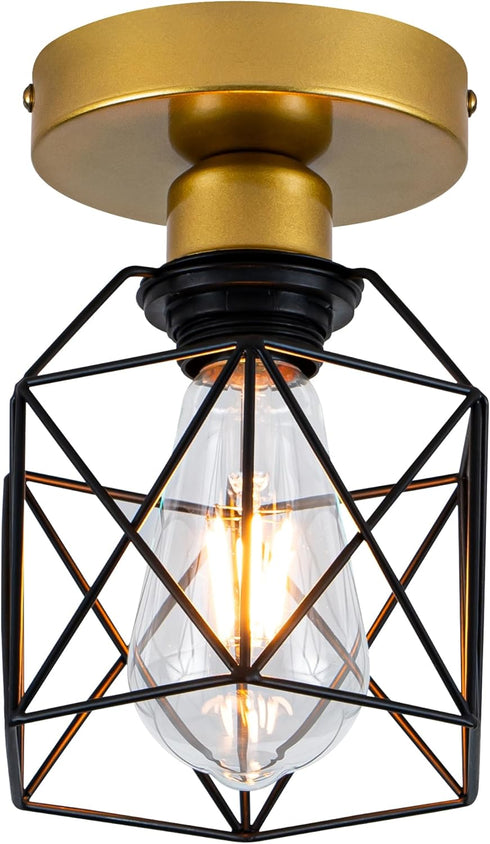 Edzemuwa Industrial Ceiling Light, Gold and Black, Metal Cage Shade, Semi-Flush Mount, Geometric