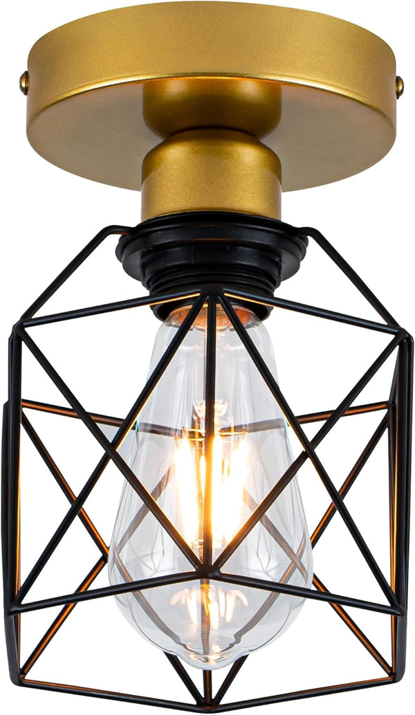 Edzemuwa Industrial Ceiling Light, Gold and Black, Metal Cage Shade, Semi-Flush Mount, Geometric