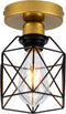 Edzemuwa Industrial Ceiling Light, Gold and Black, Metal Cage Shade, Semi-Flush Mount, Geometric