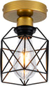Edzemuwa Industrial Ceiling Light, Gold and Black, Metal Cage Shade, Semi-Flush Mount, Geometric