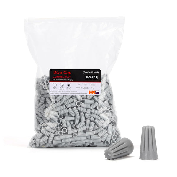 HKS 1000 PCS Gray Wire Caps, AWG 24-16, Twist-On Screw Nuts Insulated Electrical Wire Connectors