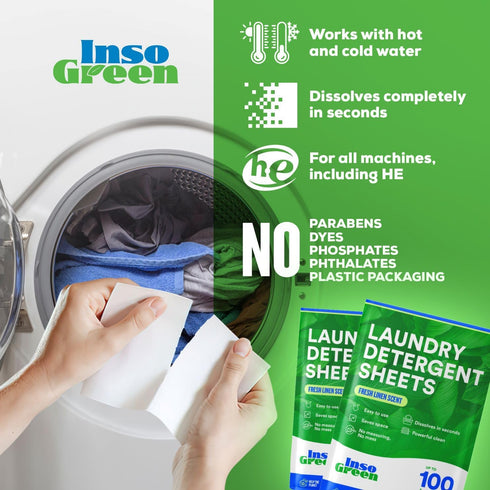 100 50 Eco Washer Sheets Detergent - Loads, Zero Plastic Jugs, No Mess & Space-Saving Laundry Strips - Travel Laundry