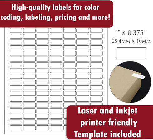 Small Sticky Labels, White Rectangular Labels 1" x 0.375 + Bonus Color Labels, 1660 Pack