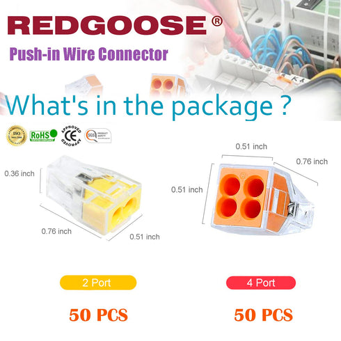 100PCS Push-in Wire Connector 20-12AWG Wire Nuts Splice Terminal- 2Port-50PCS and 4Port-50PCS