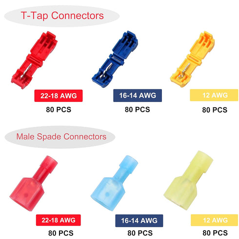 480PCS T-Tap Wire Connectors, Self-Stripping Quick Splice Electrical Wire Terminals, Insulated Male Quick Disconnect Spade Terminals Assortment Kit