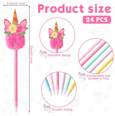 Cholemy 24 Pieces Unicorn Party Favor Pens Bulk Unicorn Fluffy Fuzzy Pens Rainbow Unicorn Pom Pom Pen Unicorn Plush Ballpoint Pens for Classroom School Office Unicorn Party Favors