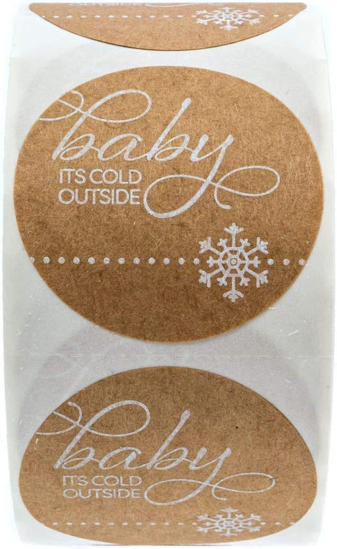 Baby It's Cold Outside Christmas Stickers, 500 Holiday Snowflake Stickers, 1.5" Brown Kraft Envelope Seals