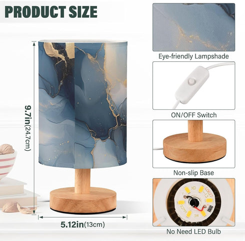 Bedside Table Lamp, Abstract Gold Navy Blue Marble Pattern Small LED Desk Light USB Nightstand Lamp with Non Slip Wood