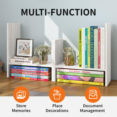 5-Shelf JLD Wood Adjustable Desktop Bookshelf, Expandable Office Storage Rack, White