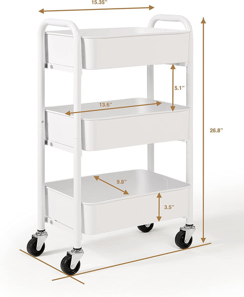 SunnyPoint 3-Tier Compact Rolling Metal Storage Organizer, Mobile Utility Cart for Kitchen/Under Desk, WHT