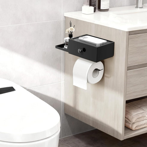 1 Pack Lifewit Toilet Paper Holder with Shelf and Drawer, Screw or Adhesive Wall Mount Tissue Roll Storage, Dustproof