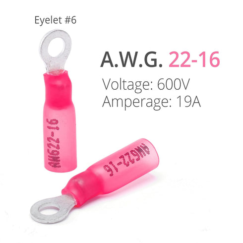 Wirefy 150 PCS Heat Shrink Ring Terminals #6, Resistant Ring Connectors, Eyelet Wire Connectors, Red 22-16 AWG