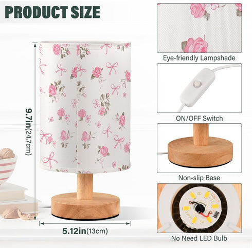 ALAZA Bedside Table Lamp for Bedroom Pink Floral Bow Nightstand LED Light Lamps with USB Port Linen Fabric Shade Table