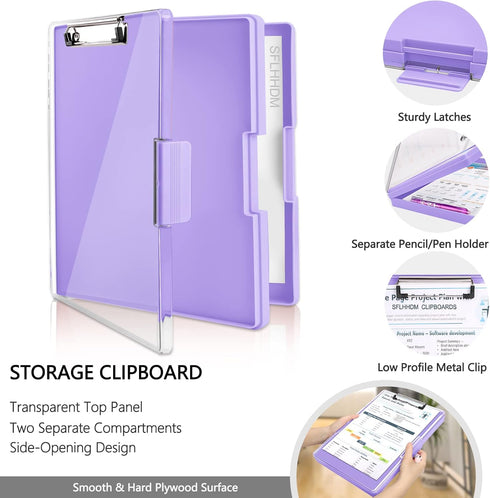 Clipboard with Storage, Heavy Duty Clip Boards 8.5x11, Clear Visible Top Panel, Side Opening for Office Supplies