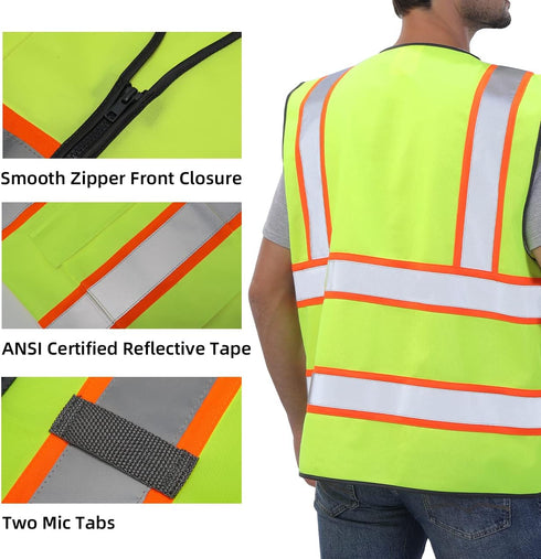Reflective Vest, High Visibility Two Tone with Pockets and Zipper, ANSI Class 2 Compliant, Yellow with Orange Trim