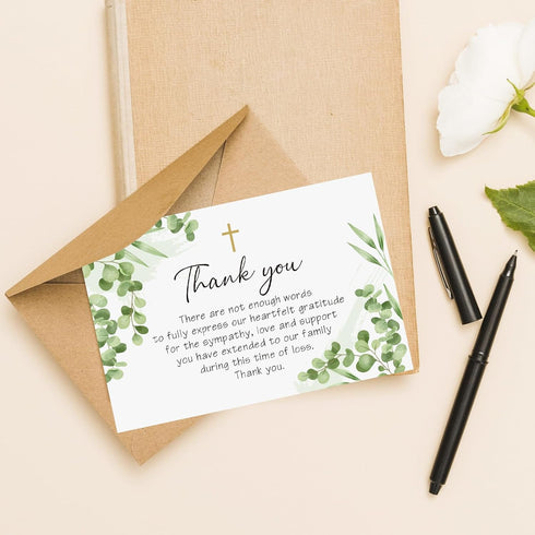 50Pcs Funeral Sympathy Thank You Cards with Envelopes and Matching Seal Stickers, Green Leaf Cross Bereavement Card