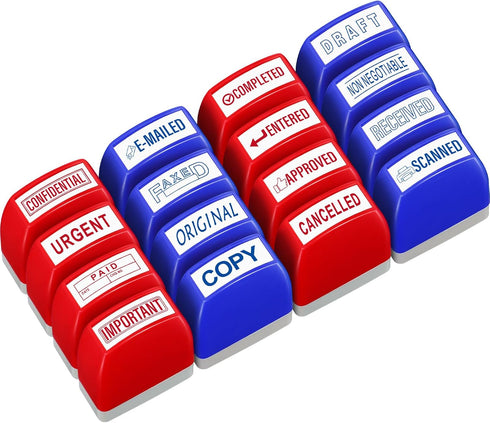 Crtiin 16 Pcs Self Inking Rubber Stamp Set for Office Message Supplies (Red, Blue) - Completed Faxed Scanned