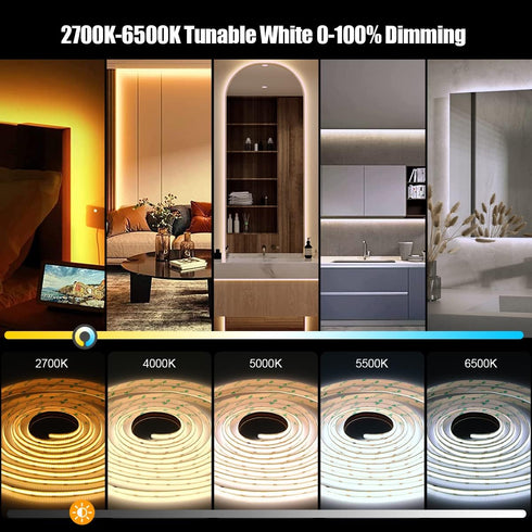 Wefomey 2700K-6500K, 16.4ft 24V 3200LEDs COB LED Strip Light Warm White to Cool Bright White COB Light Strip