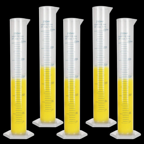 5Pack 250ml Plastic Graduated Cylinder, Durable Lab Test Tube Flask with 2-Sided Measuring Lines