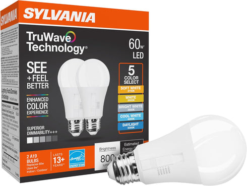 Sylvania TruWave A19 LED Light Bulb, 9W = 60W, 5 CCT Select