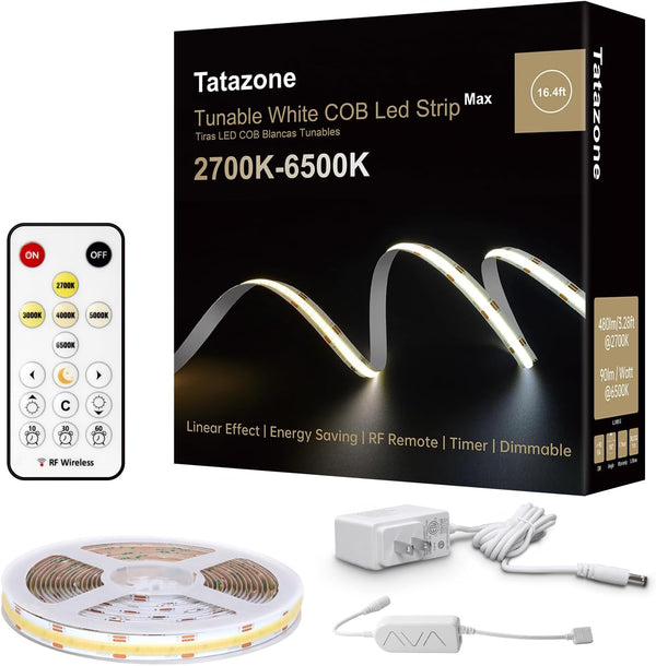 Tatazone 6.56ft Tunable White COB Led Strip Light with RF Remote, CRI93+