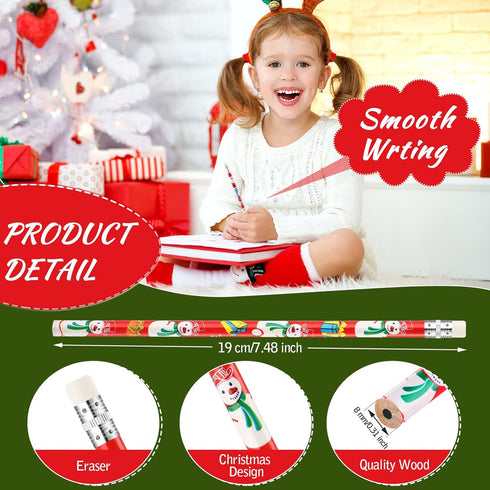 Christmas Pencils for Kids, Mini Wooden Xmas Pencils and Erasers, Colorful Patterns for Christmas Party Supplies