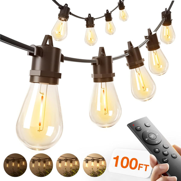 addlon 100FT LED Outdoor String Lights, Remote Dimmable Patio Lights with Timer