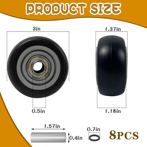 Wensdr 8 3 Inch 3" 1.25" 3/8" Pcs Push Cart PU Shelf Replacement & Cargo Elevator Front Casters, Replacement Casters