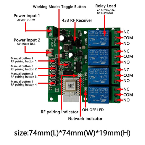 Zigbee Tuya Smart 4 Channel Smart Relay Module, 433RF Remote Control, USB 5V 7-32V, Jog/Lock Switch, Compatible with