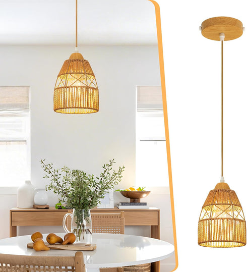 Boho Rattan Pendant Light Kitchen Island,Farmhouse Chandeliers Adjustable Height Hanging lamp for