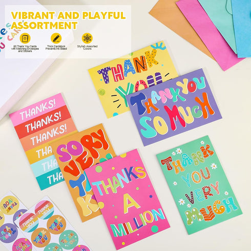 60 Pack 4x6 Inch Thboxes Thank You Cards with Envelopes, Thank You Cards Bulk with Envelopes & Stickers Greeting Card