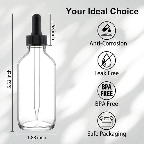 42 Pack 4oz Clear Glass Bottles with Glass Eye Droppers for Essential Oils, Perfumes & Lab Chemicals (Includes Brush,