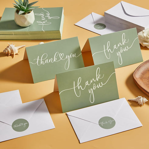 Naozinebi 100 Pack 6x8 Inches Thank You Cards with Envelopes and Stickers Green Sage Thanks Greetings Card Minimalistic