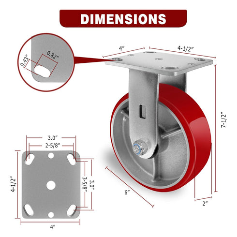 6" X 2" Industrial Rigid Caster, Heavy Duty, Load Capacity 1200lbs, Polyurethane Wheel on Steel Hub