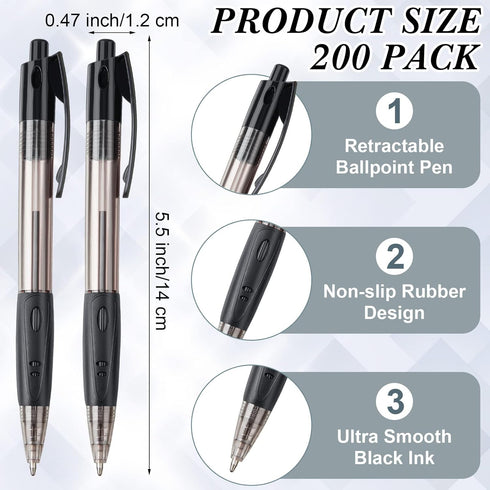 Nuanchu 200 Pcs Retractable Ballpoint Pen, Medium Point 1.0mm Black Gel Pens for Office University College Use