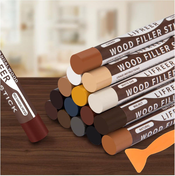 Lifreer Wood Filler Sticks,16 Colors Wood Crayons for Scratches, Scuffs, Cracks, Stains