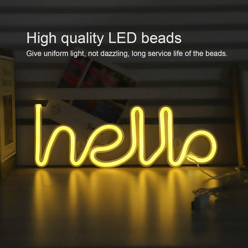 Neon Light, LED Hello Neon Word Sign, Decorative Lights for Kids Room, USB Battery Powered, Warm White