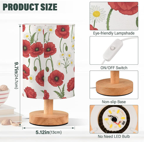 ALAZA Bedside Table Lamp for Bedroom Red Poppy Floral Nightstand LED Light Lamps with USB Port Linen Fabric Shade Table