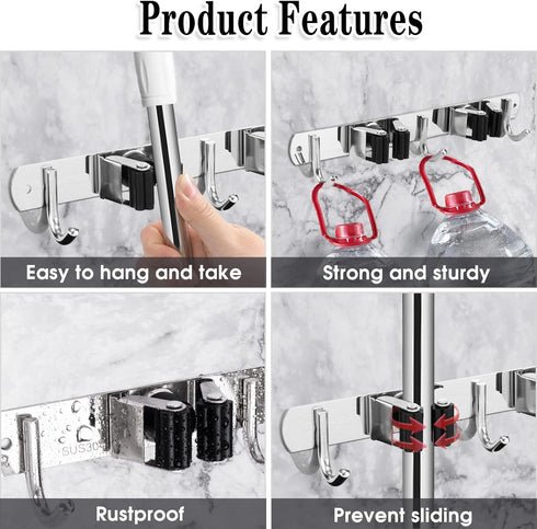 2 Racks and 3 Hooks Broom and Mop Holder Wall Mounted Garage Organizer Storage Tool Racks Stainless Steel Heavy Duty Hooks Self Adhesive Solid Non-slip Wall Hangers for Home Kitchen Garden Laundry by AceMining