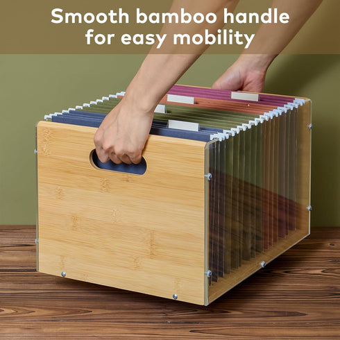 Letter/Legal Bamboo Acrylic File Box Organizer, Decorative Document Crate with Handle for Home Office Desk