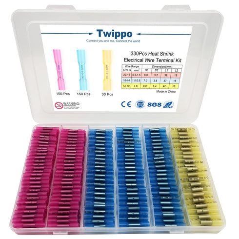 330Pcs Butt Connector Kit, Automotive Electrical Connector Terminals, Waterproof Heat Shrink Wire Connectors