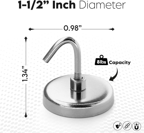 RamPro Magnetic Hooks, 8 Lbs Capacity, Heavy Duty Chrome Plated Hook Set, 2 Pack