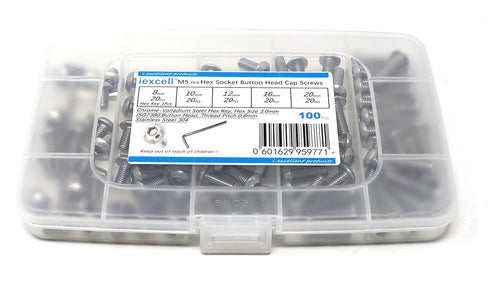 iexcell 100 Pcs M5 x 8/10/12/16/20 Stainless Steel 304 Hex Socket Button Head Cap Screws Assortment Kit