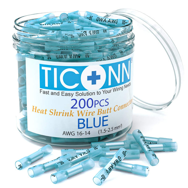TICONN 200PCS Blue Heat Shrink Butt Wire Connector Kit, Insulated Waterproof Electrical Marine Automotive Crimp