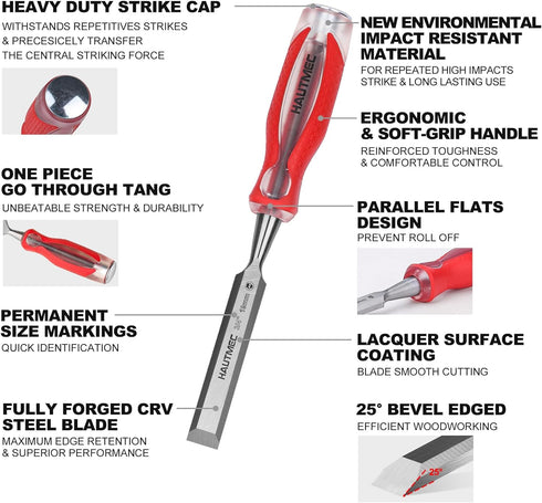HAUTMEC 3/4" High Impact Wood Chisel, Ergonomic Handle, Beveled Edge Blade, Drop-Forged CRV Steel, HT0361