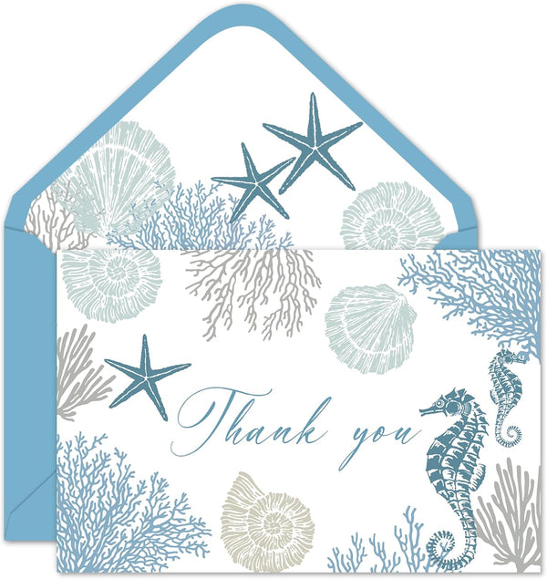 Whaline 50 Pcs Ocean Sea Thank You Cards Blue Coral Seashell Greeting