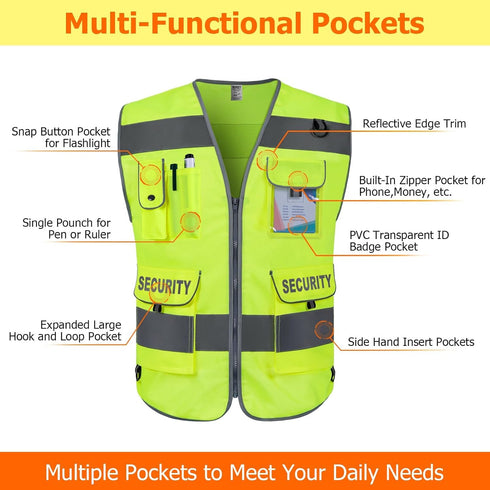 9 (G100S-Yellow, TCCFCCT Security Vest for Security Guard Pockets High Visibility Reflective Safety Vest for Men Women